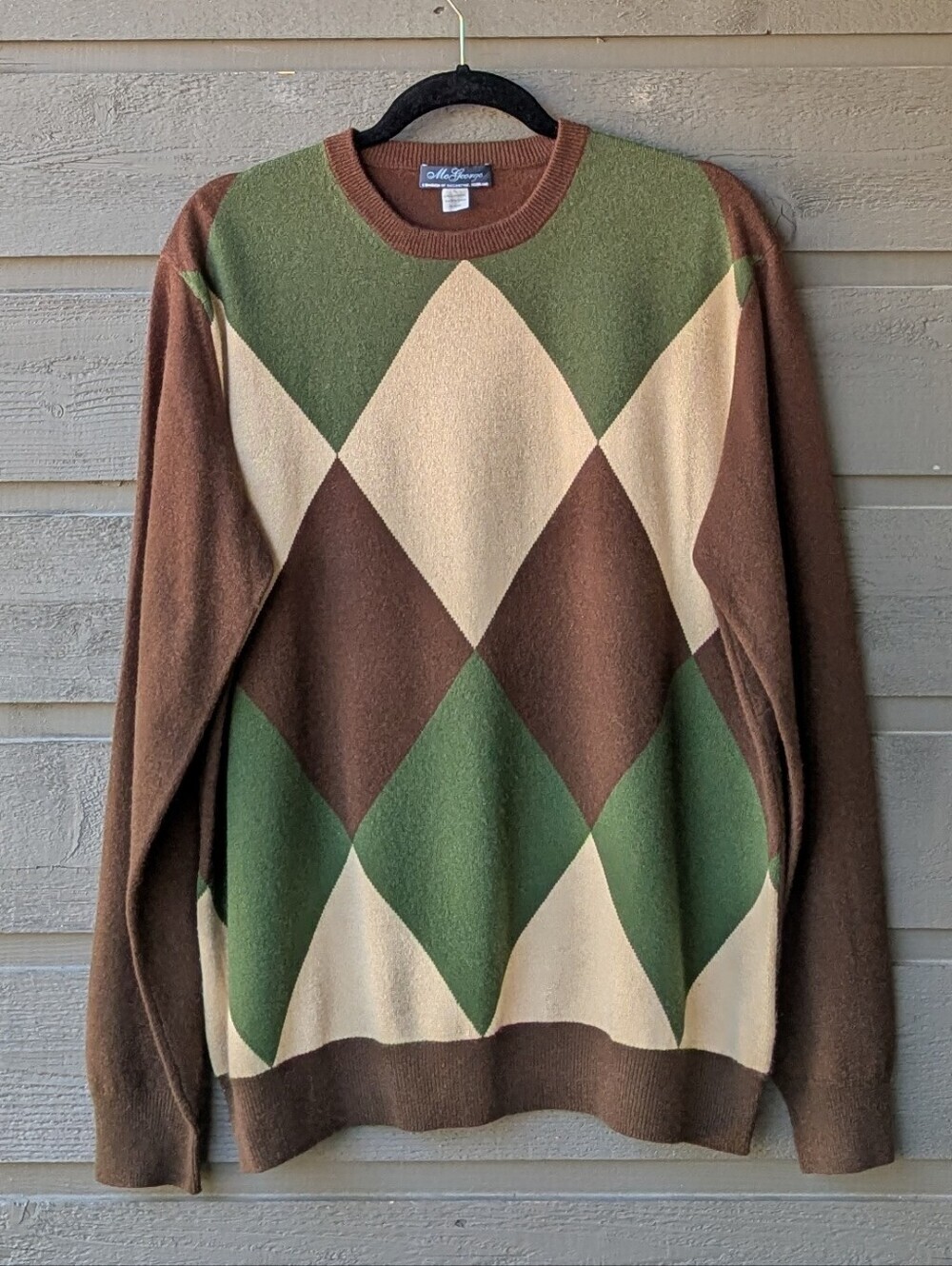 McGeorge 100% Cashmere Scottish Argyle Crew Neck Sweater Size XL Brown Green Tan